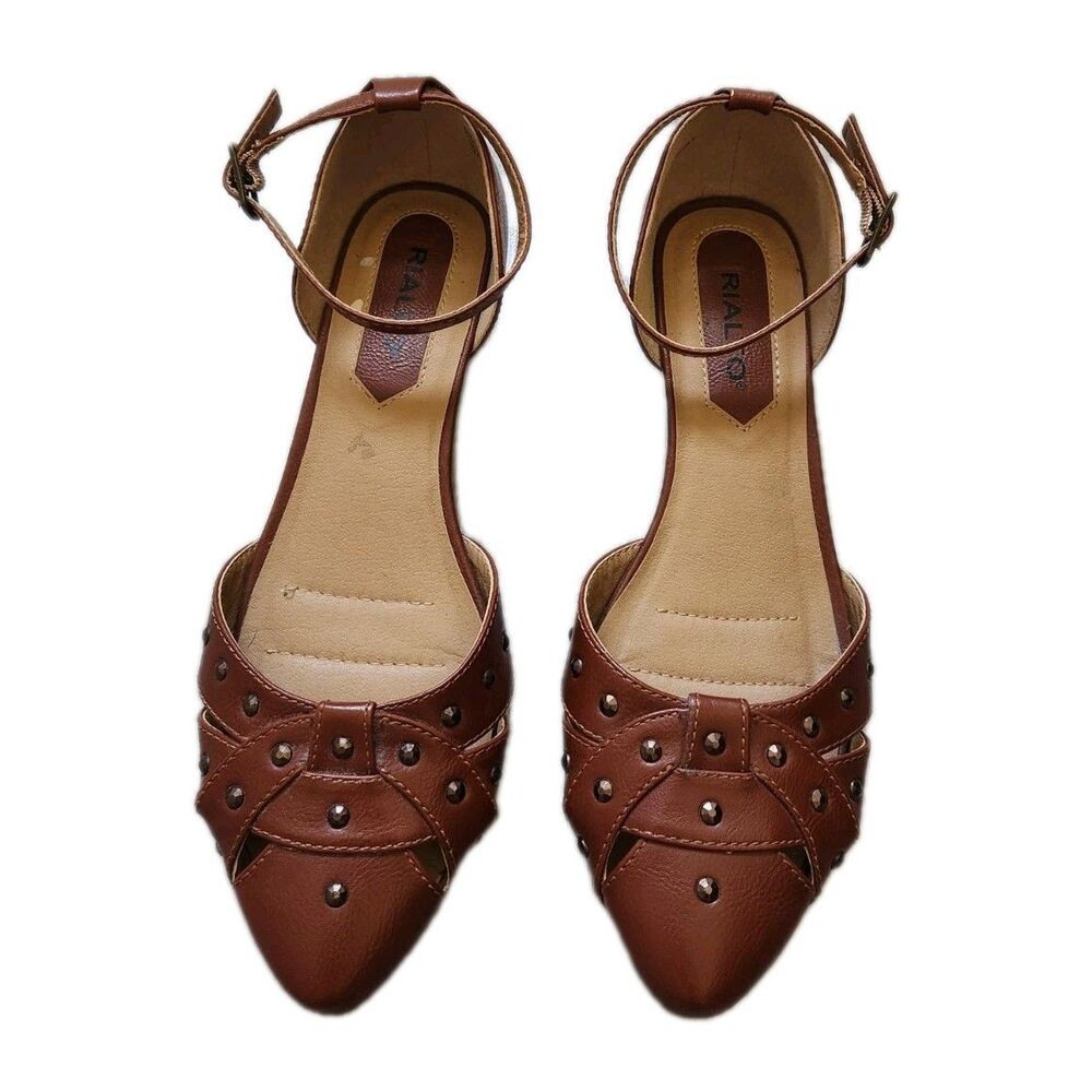 Rialto Mya Brown Studded Wedge Heels Womens 7.5M Ankle Strap Pointed Toe EUC